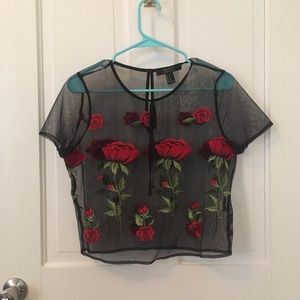 Forever 21 Cropped Mesh Rose Embroidery Top